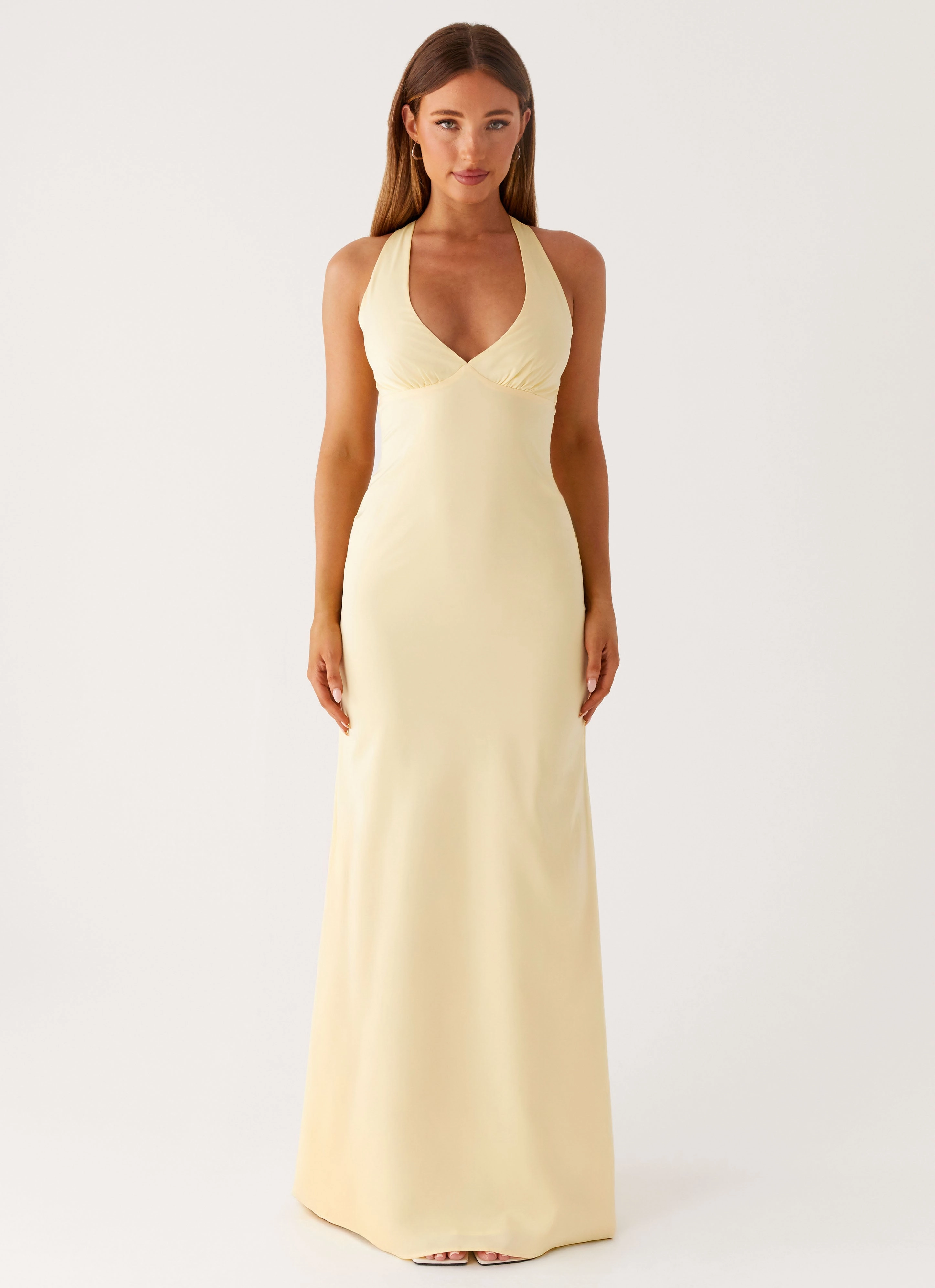 Desi Halterneck Maxi Dress - Yellow Glossy Fabric everyday staple