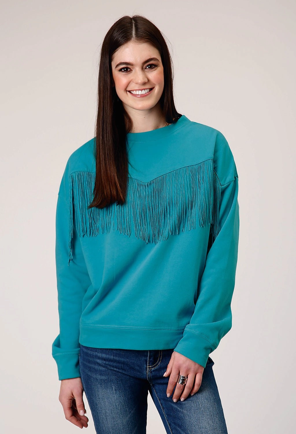 Comfy Layering Stylish Layer Roper Womens Fringe Turquoise 100% Cotton Sweatshirt