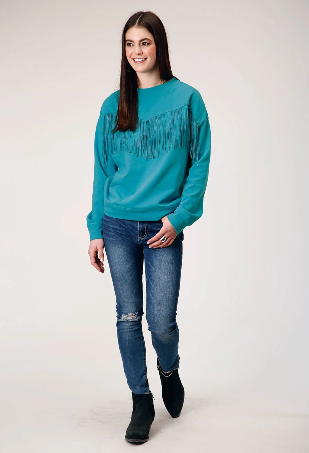 Snuggly Knit Winter Day Comfort Roper Womens Fringe Turquoise 100% Cotton Sweatshirt