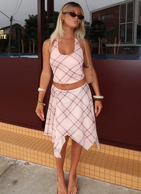 Tiered Design All Day Look Fit Check Midi Skirt - Pink Check