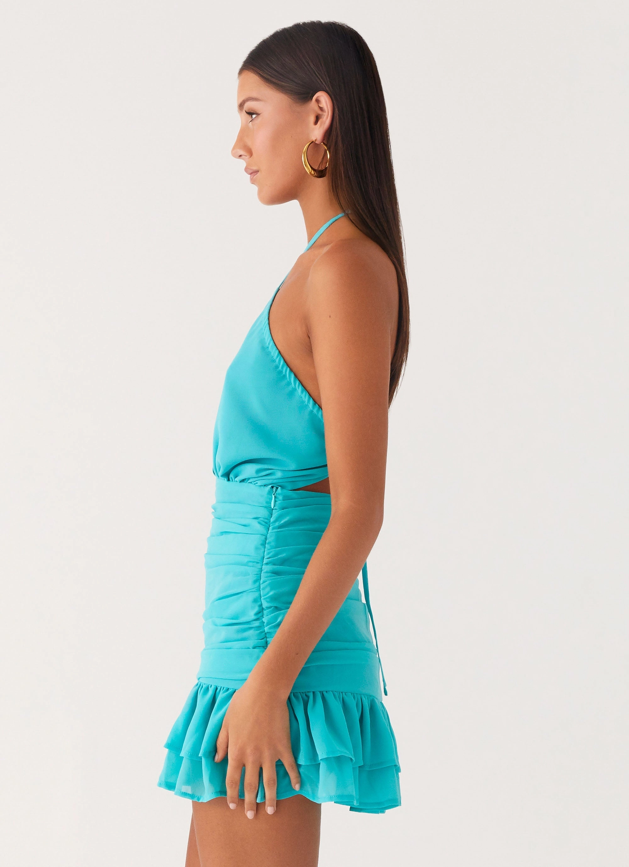 Egoist Crossover Mini Dress - Aqua Blue Flap-Detail
