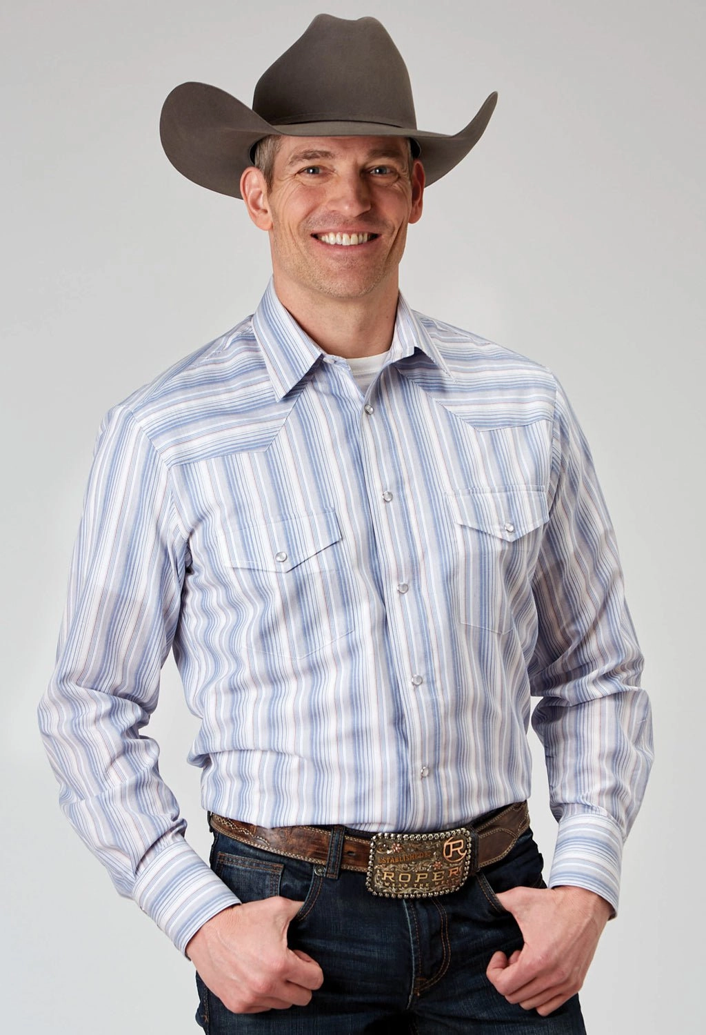 All-Purpose Wear Roper Mens 55/45 Stripes Blue/White Cotton Blend L/S Shirt