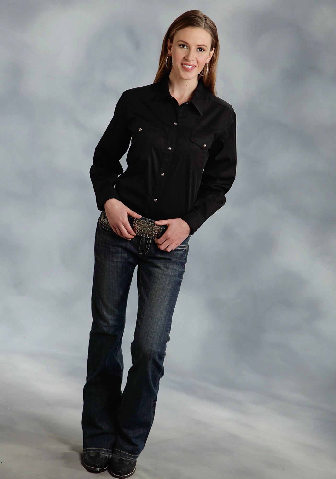 Roper Basic Solid Ladies Black 100% Cotton L/S 2 Pocket Western Shirt Micro Perforated Texture
