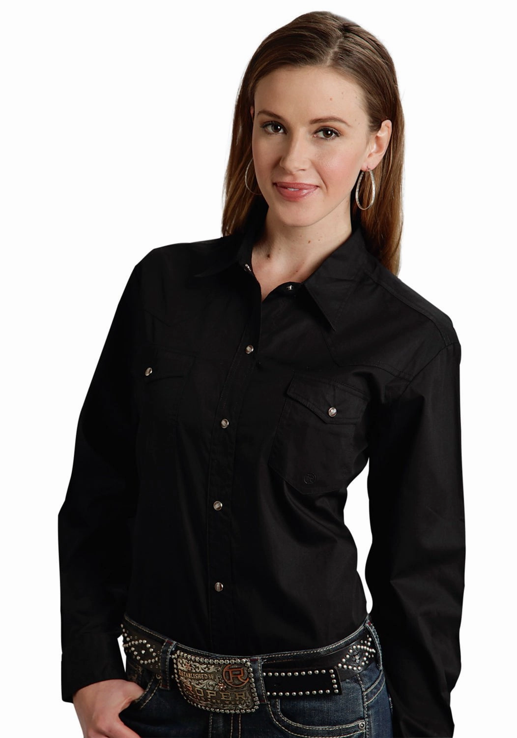 High-End Finish Trendy designs Roper Basic Solid Ladies Black 100% Cotton L/S 2 Pocket Western Shirt