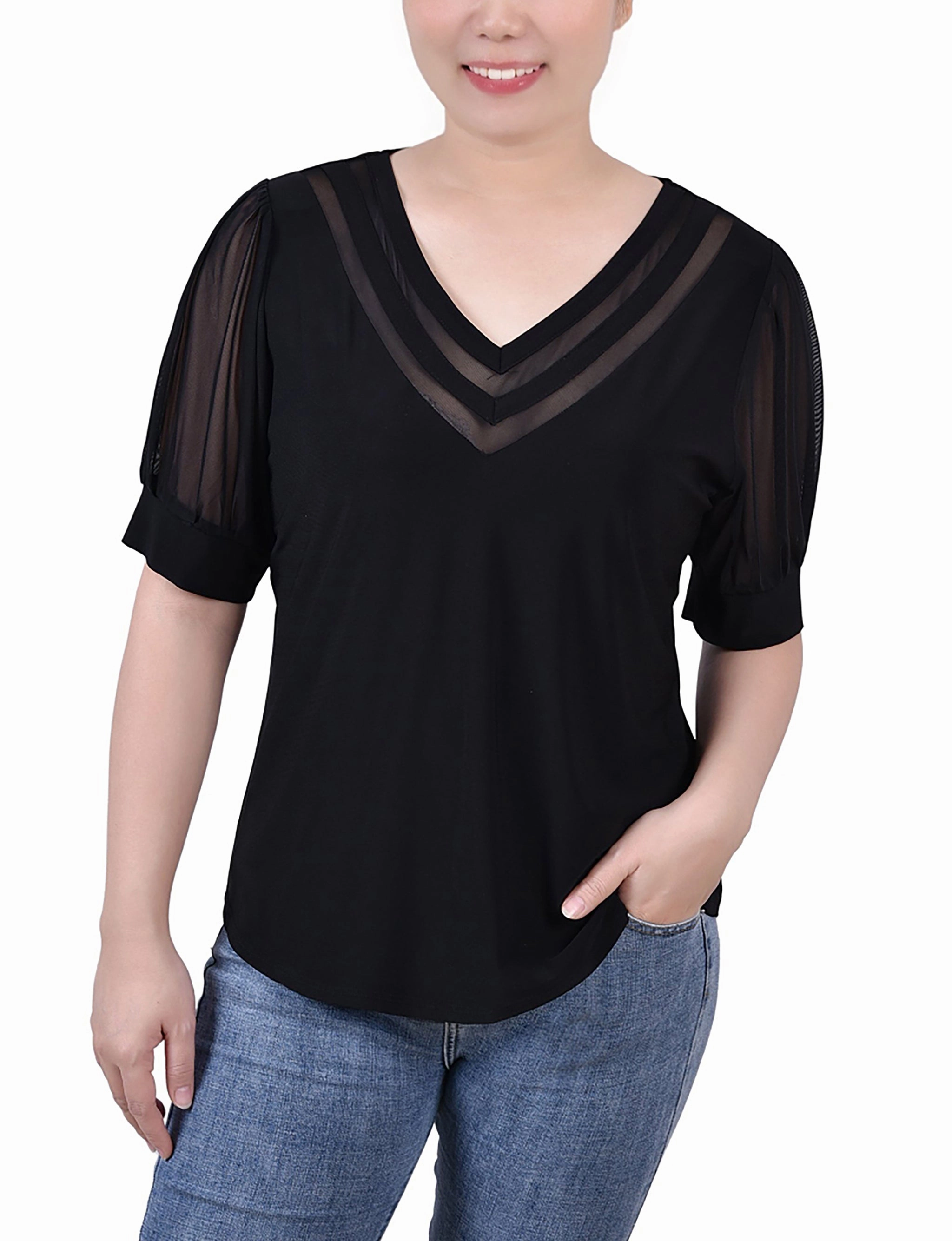Cashmere Blend Petite Short Puff Sleeve V Neck Top