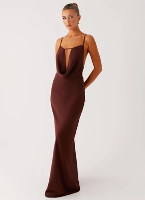 Elation Cowl Neck Maxi Dress - Chocolate Gathered Skirt Travel Comfort