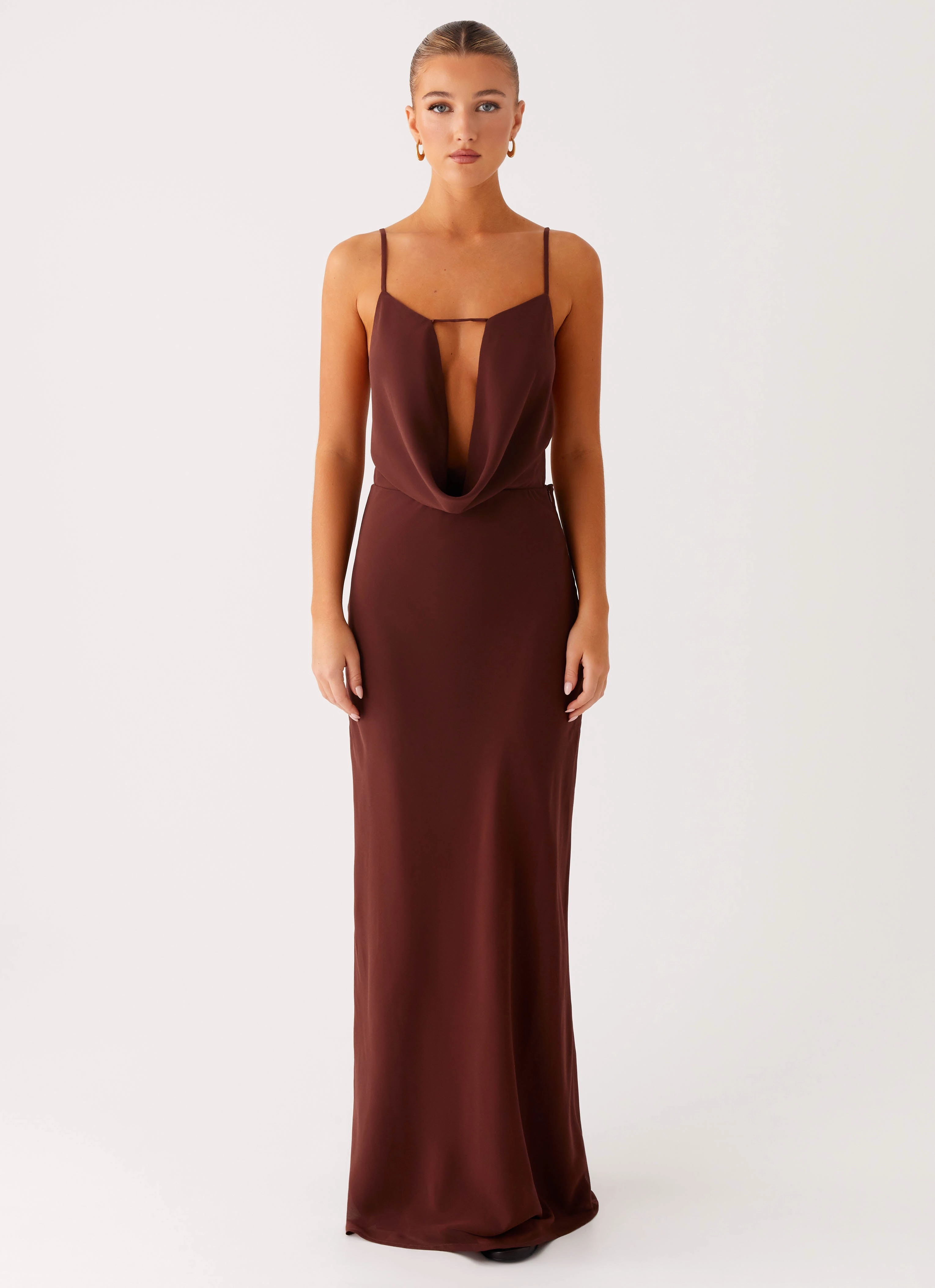 Breathable wear Party Floral Elation Cowl Neck Maxi Dress - Chocolate
