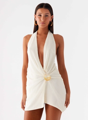 Eleanora Plunge Mini Dress - Ivory Sheer Layer
