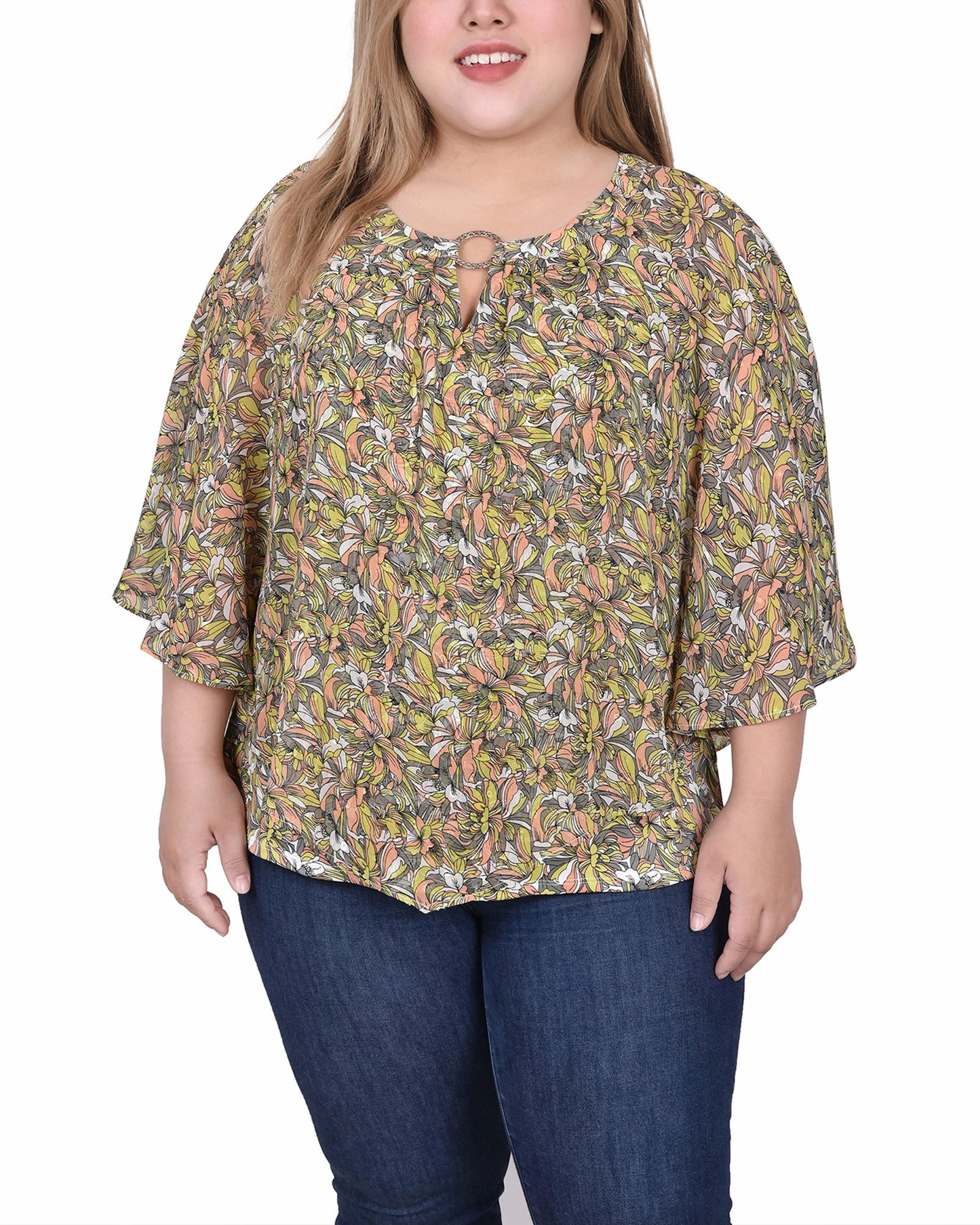 Plus Size Chiffon Poncho Top With Ring Global Style Basic Mood