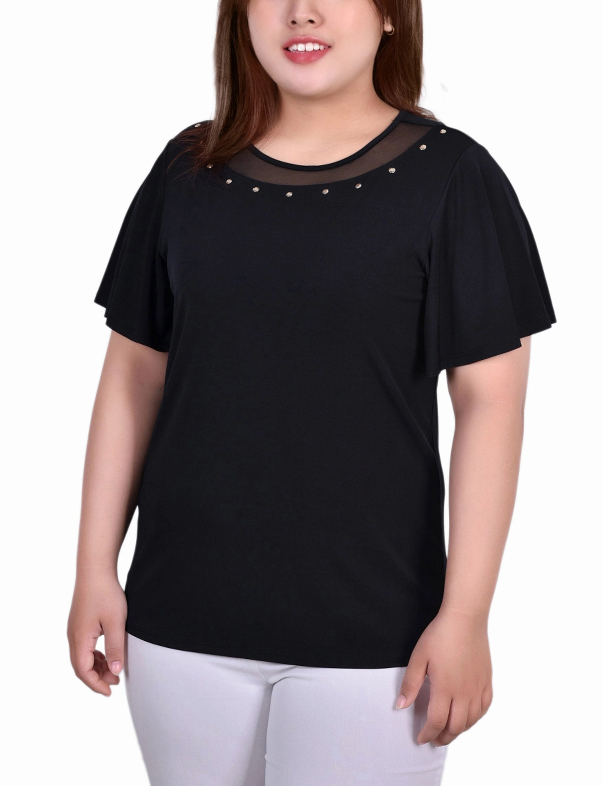 Plus Size Short Sleeve Knit Top With Sheer Inset Smart Layer