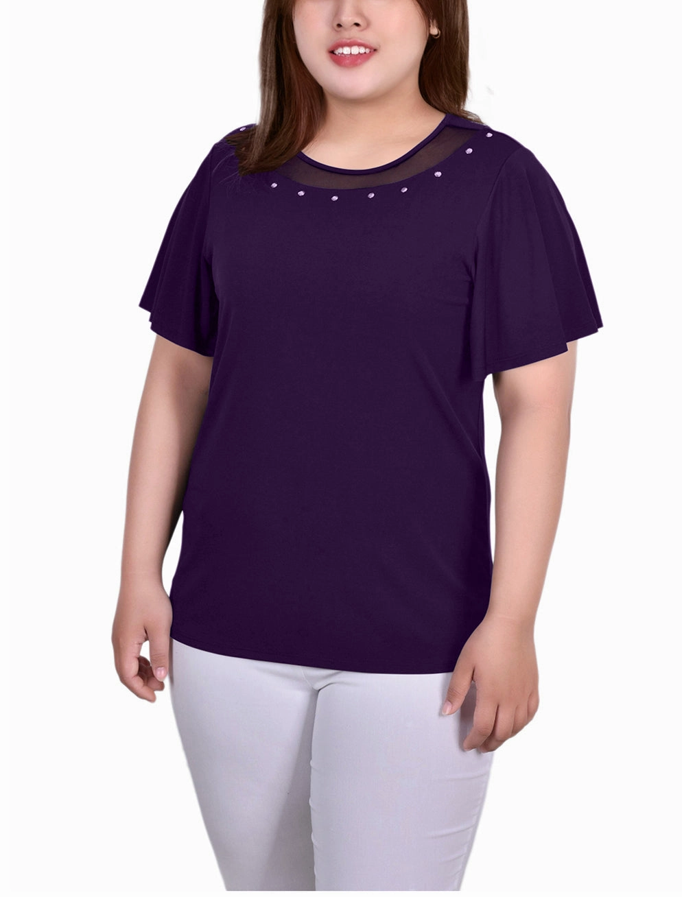 Plus Size Short Sleeve Knit Top With Sheer Inset Luxurious Texture