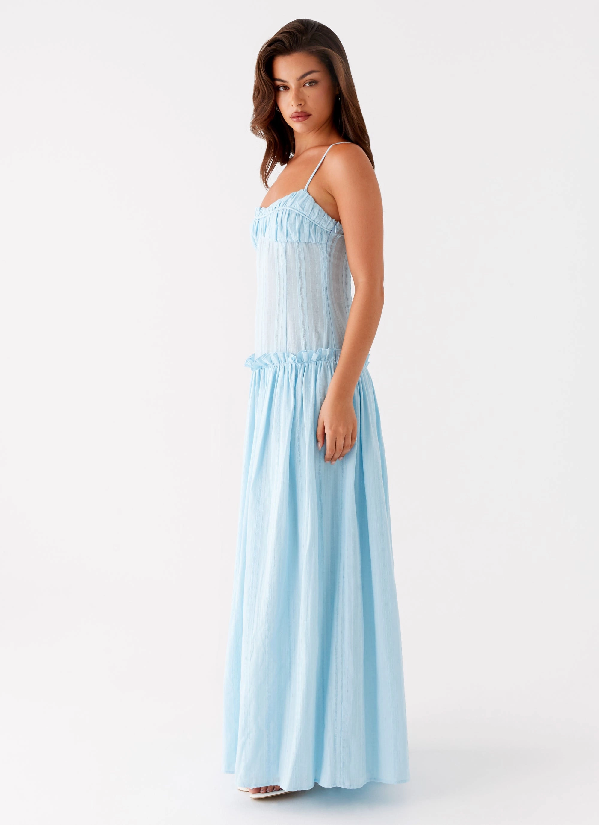 Flattering Comfort Wear Crinkle Effect Jacinda Drop Waist Maxi Dress - Blue