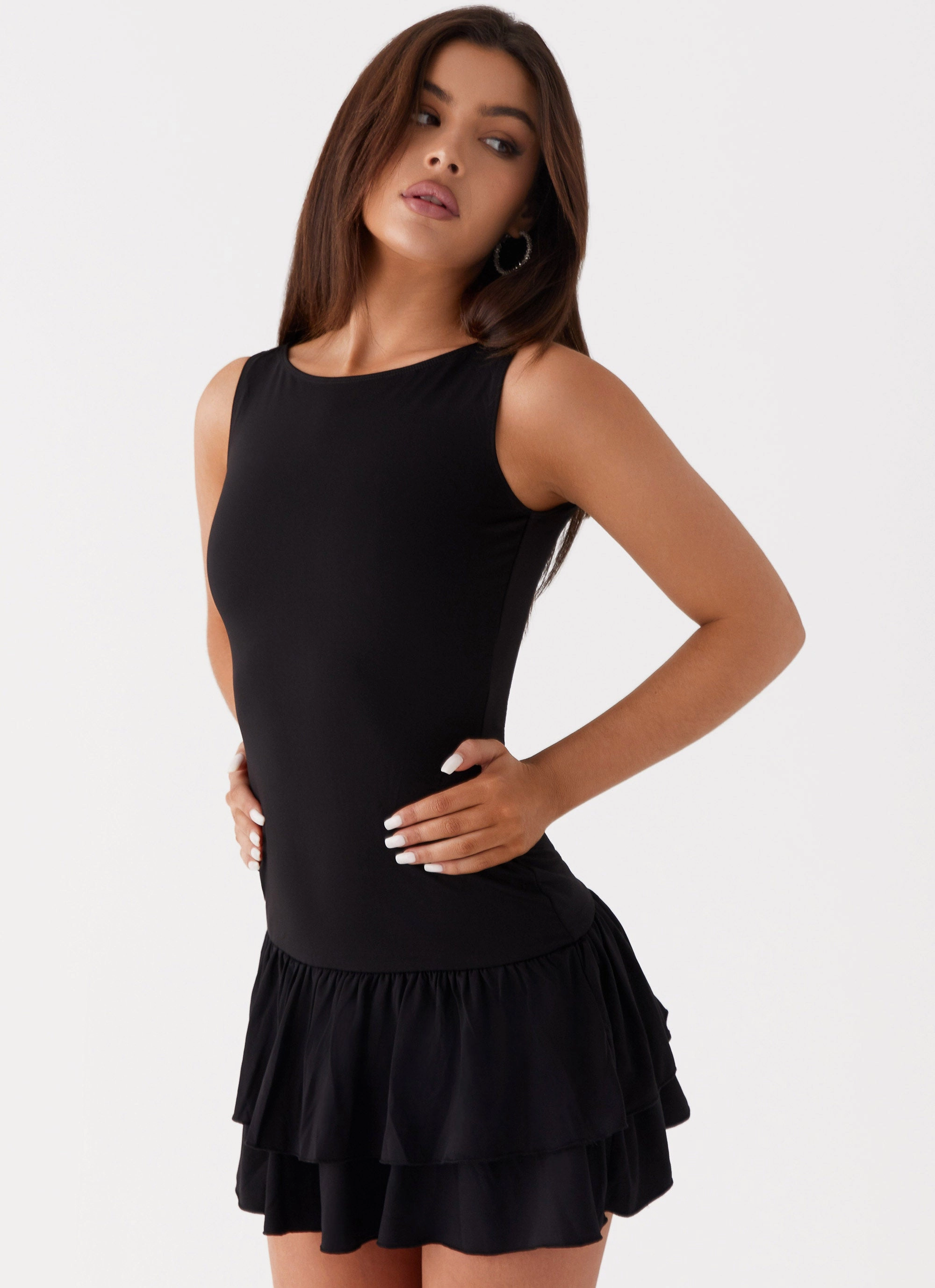 Comfortable Layer Timeless Look Rhiannon Frill Mini Dress - Black