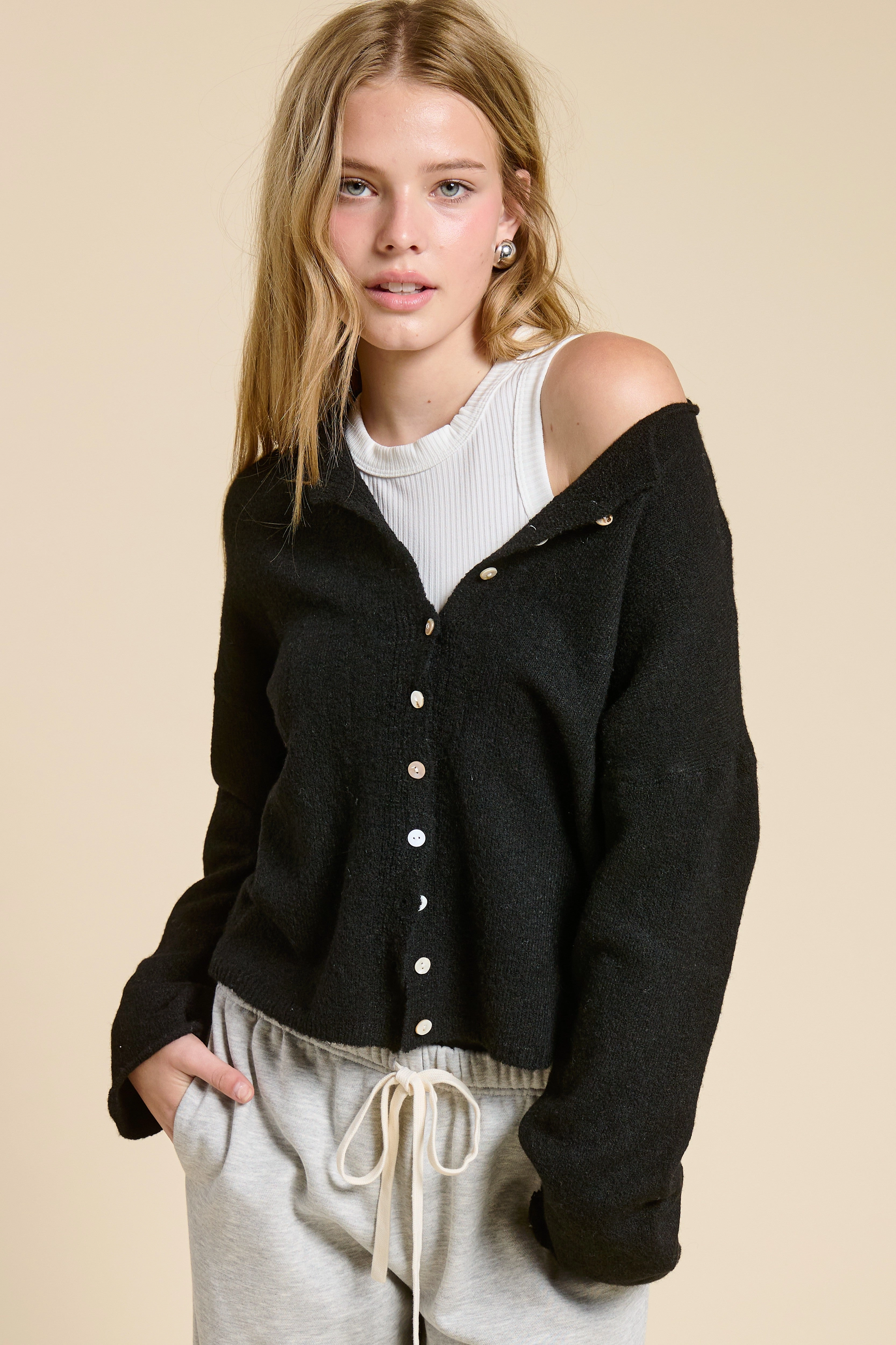 Elise Button Down Cardigan - Black Drop Needle Detailing