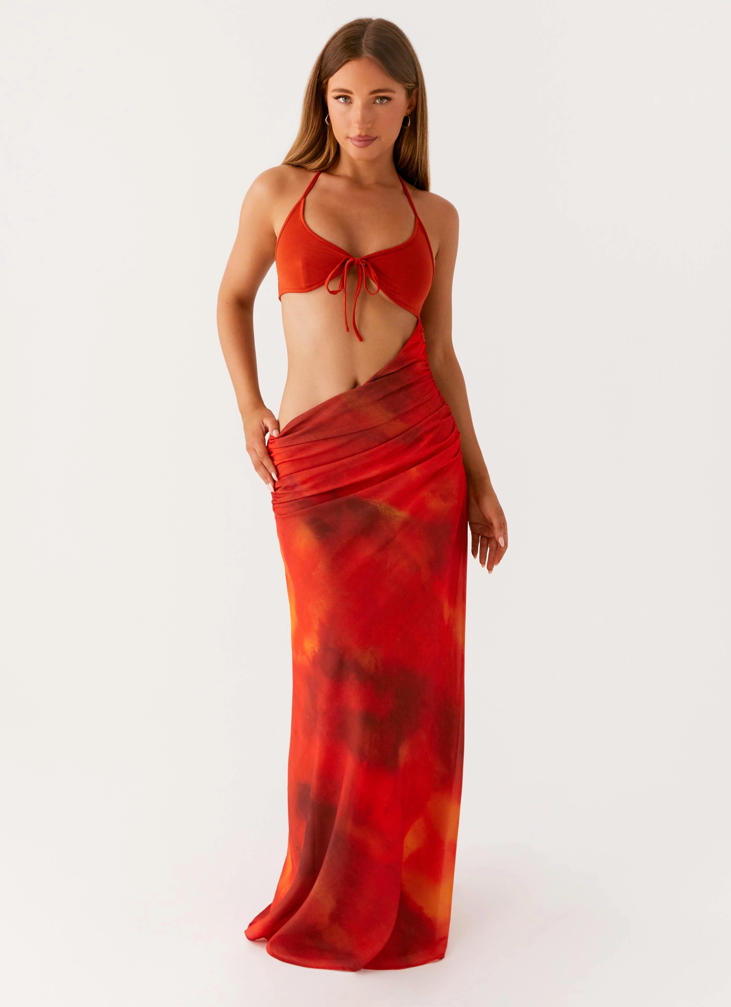Elixis Maxi Dress - Scarlet Blur Day Outfit Piped-Edge