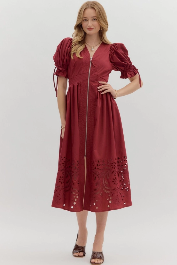 Casual and Stylish Photo Light Elizabeth Crochet Trim Zip Front Midi Dress in Garnet