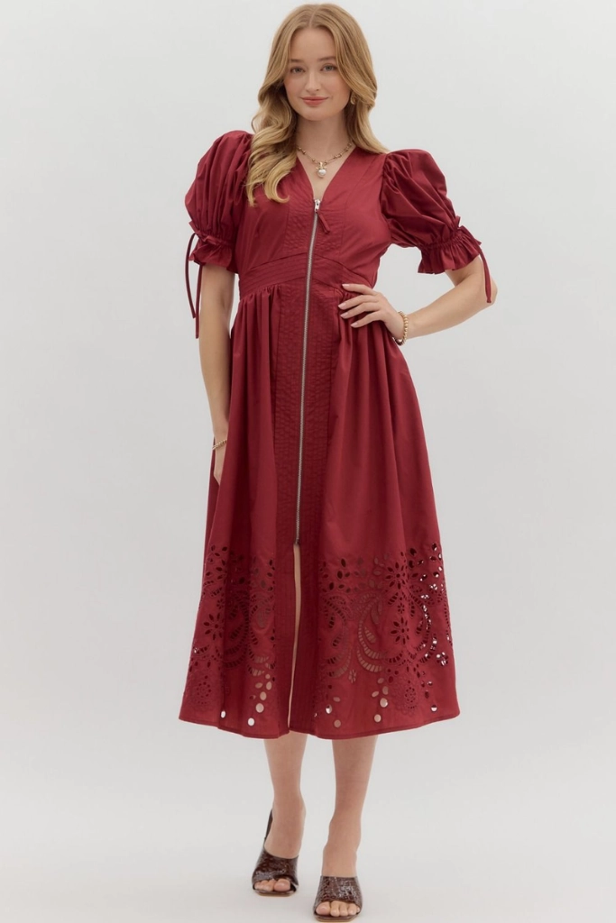 Elizabeth Crochet Trim Zip Front Midi Dress in Garnet Casual Layering Smart and Elegant