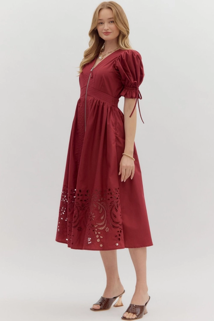 Flowy-Shape Relaxed and Elegant Elizabeth Crochet Trim Zip Front Midi Dress in Garnet