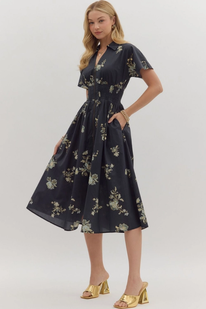 Elizabeth Floral Zip Front Midi Dress in Balck Light Touch