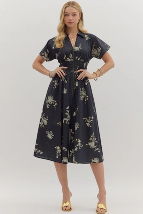 Smart Outfit Feminine full-length gown Elizabeth Floral Zip Front Midi Dress in Balck