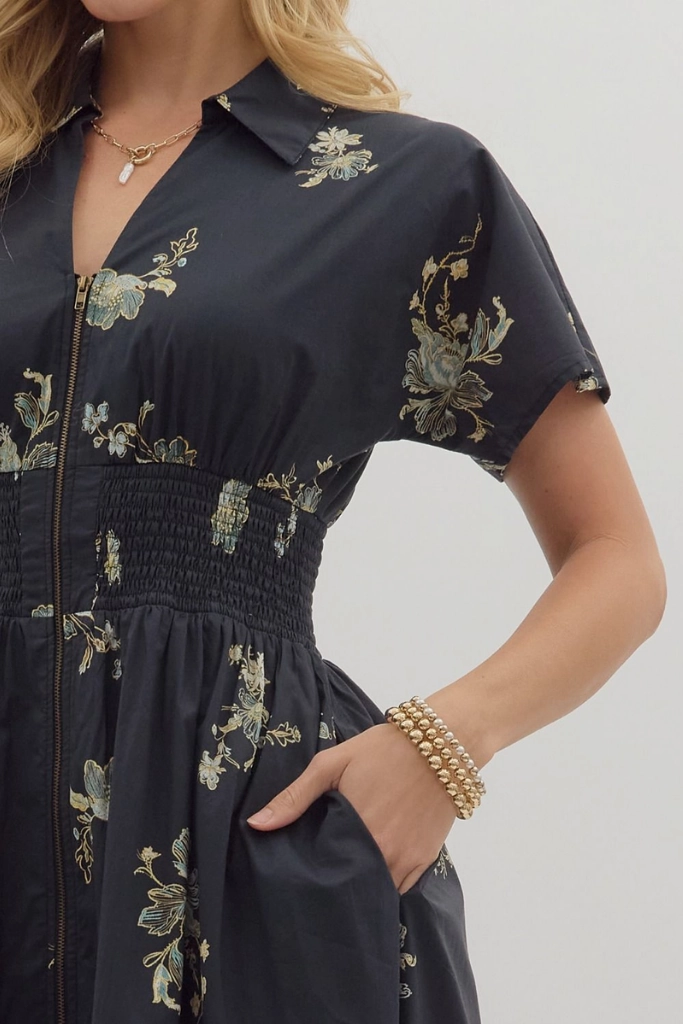 Elizabeth Floral Zip Front Midi Dress in Balck Square-Neck