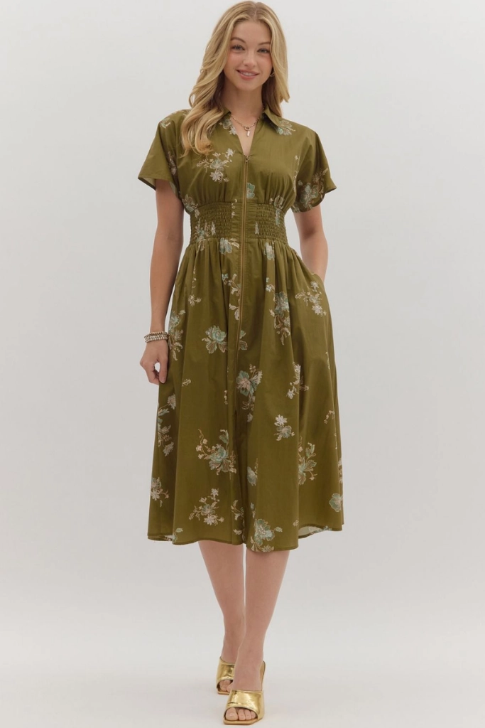 Day Chic Elizabeth Floral Zip Front Midi Dress in Olive