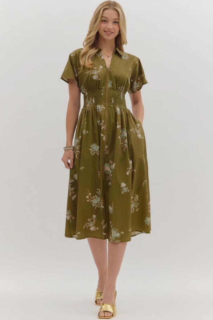 Weekend Feel Easy Flow Elizabeth Floral Zip Front Midi Dress in Olive