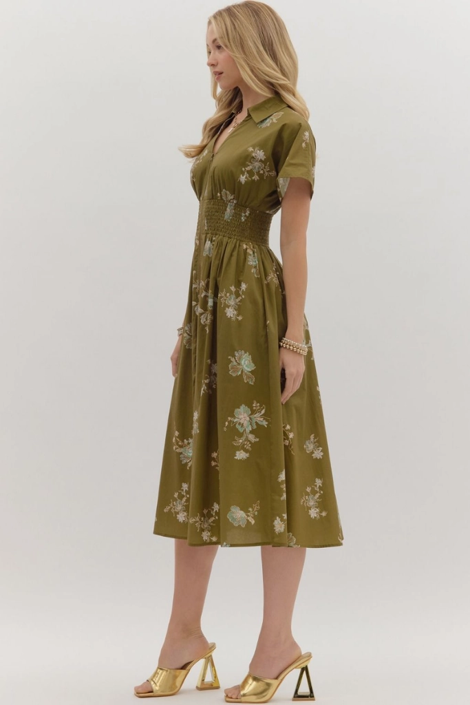 Clean Drape Modern Lines Elizabeth Floral Zip Front Midi Dress in Olive