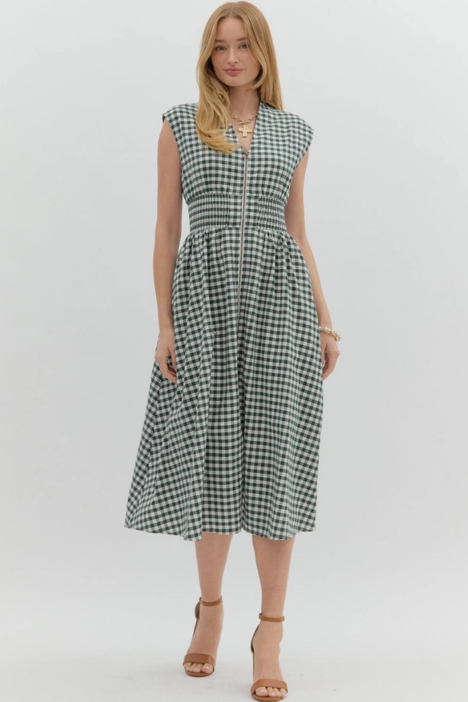 Natural Light Elizabeth Gingham Zip Front Midi Dress