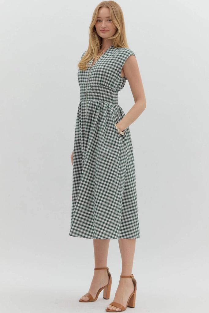 Elizabeth Gingham Zip Front Midi Dress Flexible Fit