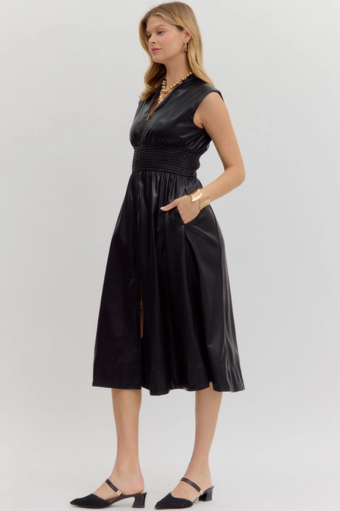 Modern Edge Elizabeth Vegan Leather Zip Front Midi Dress Black