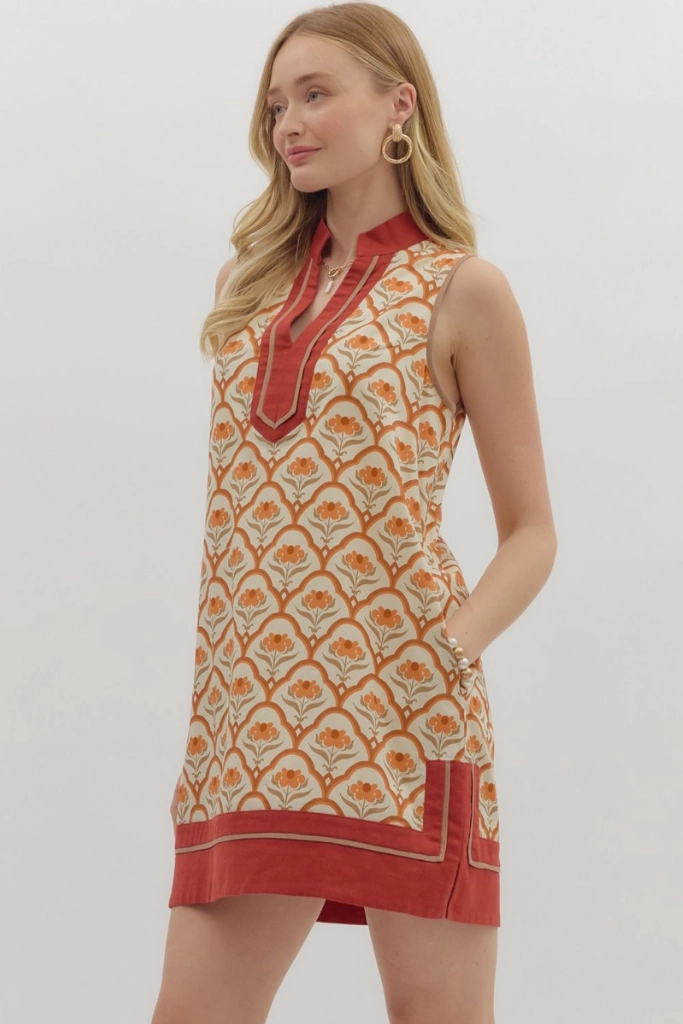 Easy Elegance Eloise Geo Print Mini Dress in Ecru