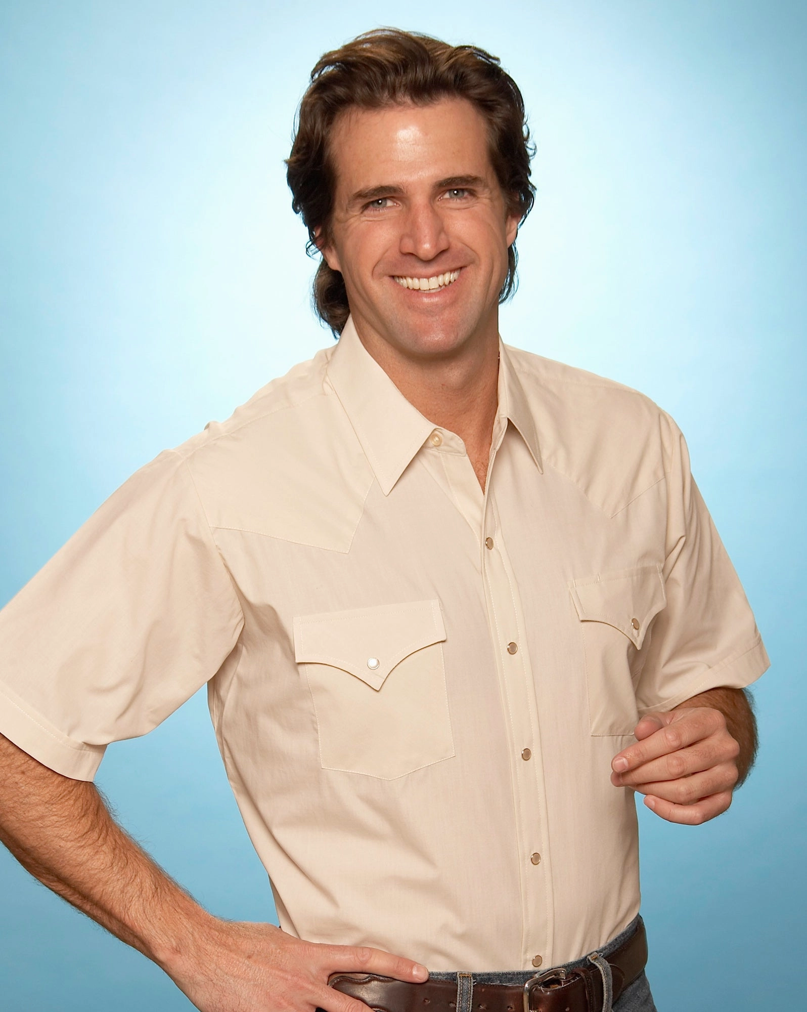 Ely & Walker Mens Solid Ecru Western Shirt S/S Poly/Cotton Tall Non Iron slim fit