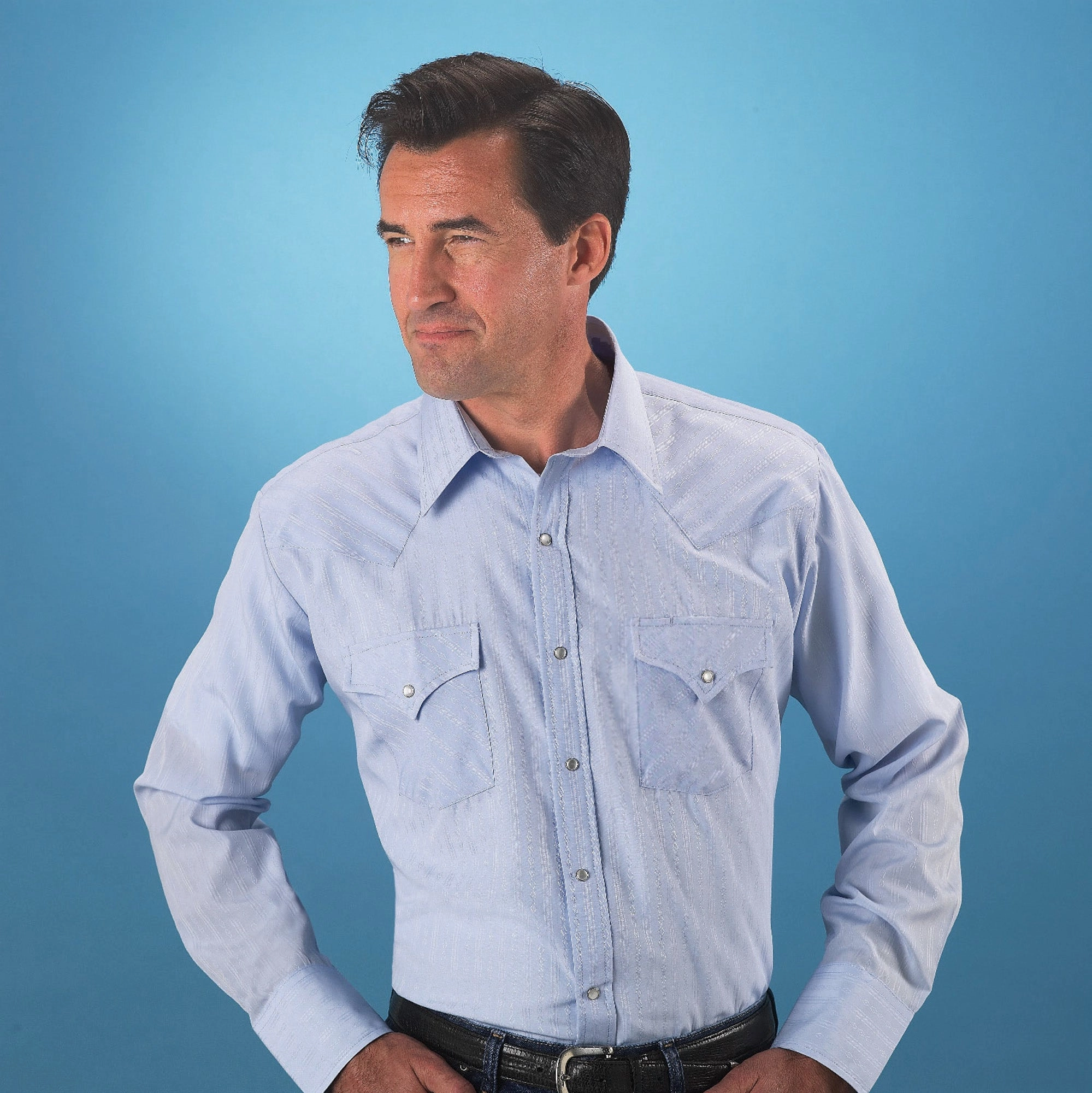 Ely & Walker Mens Tonal Light Blue Western Shirt L/S Poly/Cotton Round Collar