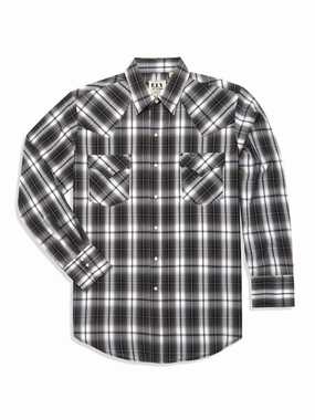 Ely and Walker Mens Plaid Snap Black Poly/Cotton L/S Shirt Athletic Cut Comfortable Wear