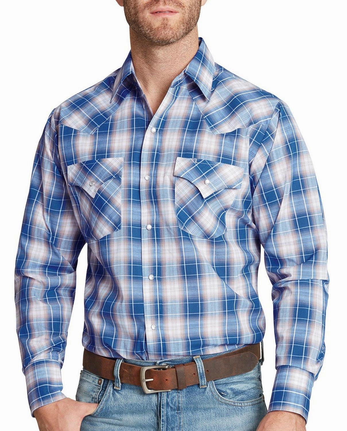 Breathable Underarm Vents Daytime Look Ely and Walker Mens Plaid Snap Blue Poly/Cotton L/S Shirt