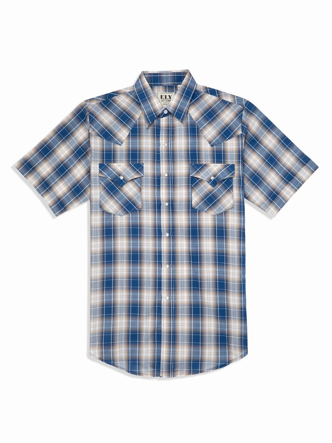 Ely and Walker Mens Plaid Snap Blue Poly/Cotton S/S Shirt Premium Finish