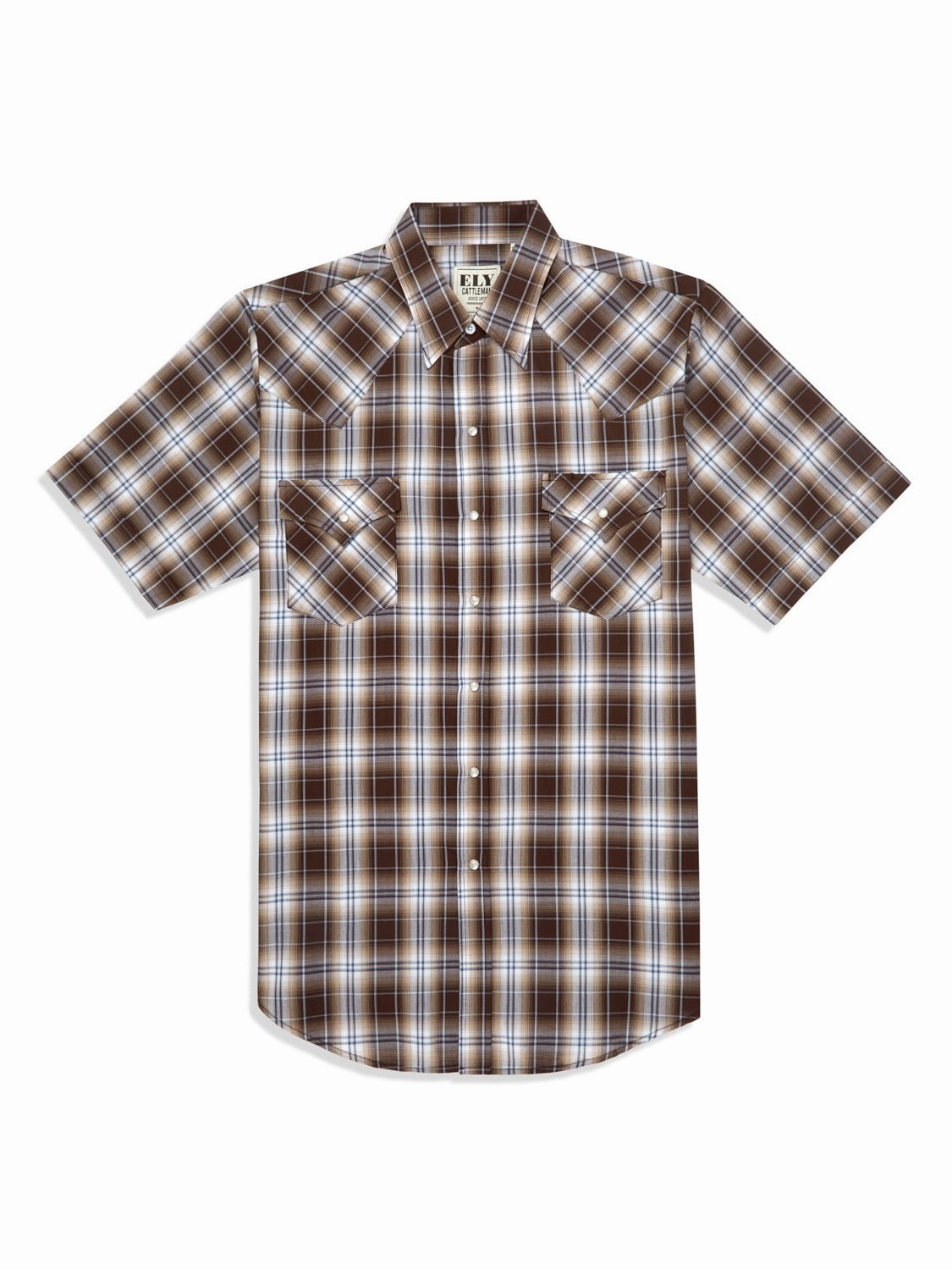 Ely and Walker Mens Plaid Snap Brown Poly/Cotton S/S Shirt Mature Elegance Patterned Texture