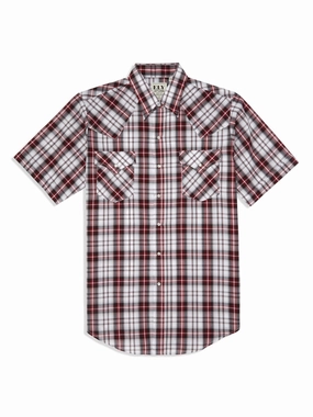 Ely and Walker Mens Plaid Snap Red Poly/Cotton S/S Shirt Practical Choice