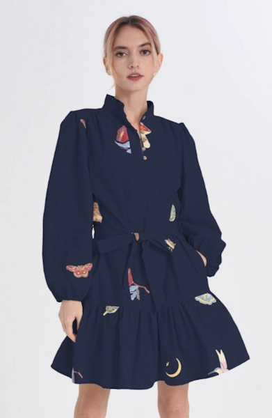 Embroidered Parkscape Mini Dress in Navy Side Slit
