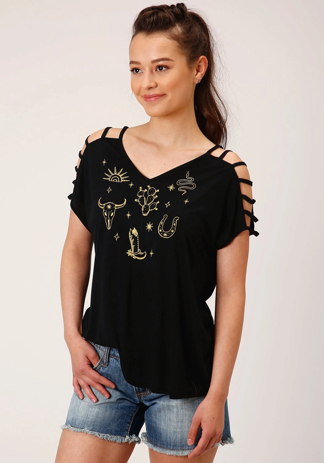 Abstract art Roper Womens Black Poly/Rayon Cold Shoulder S/S Strappy T-Shirt