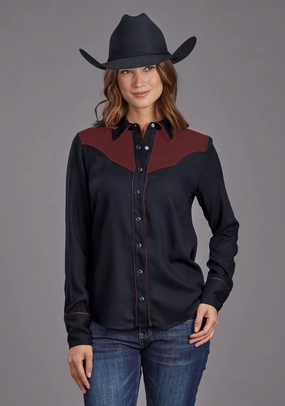 Pure Cotton Stetson Womens Western Fancy Yoked Black/Wine 100% Rayon L/S Blouse