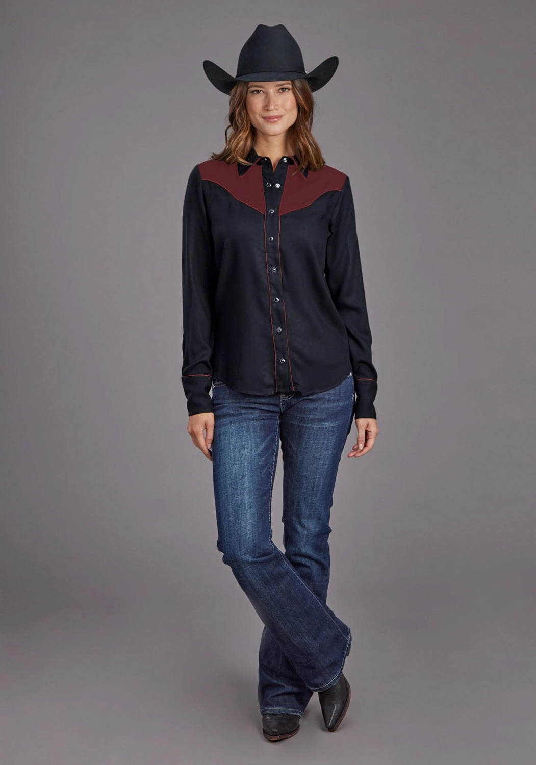 Stetson Womens Western Fancy Yoked Black/Wine 100% Rayon L/S Blouse Urban Style