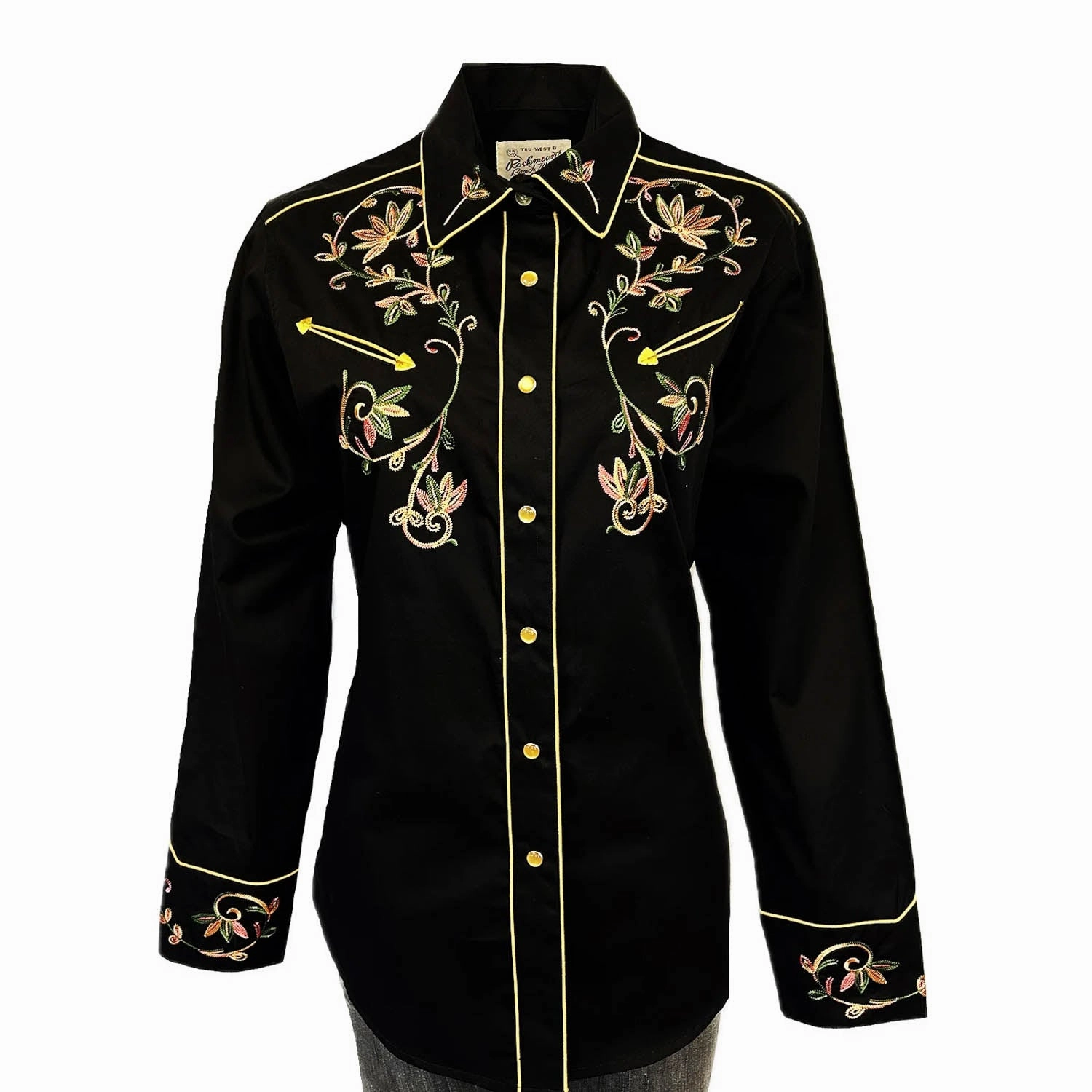 Durable Button Closures Eye-Catching Pattern Rockmount Womens Vintage Variegated Floral Black 100% Cotton L/S Shirt