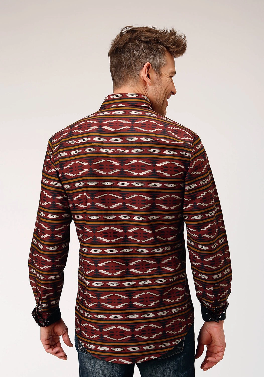 Odor Resistant Vibrant Colors Roper Mens Aztec Horizontal Red 100% Cotton L/S Shirt