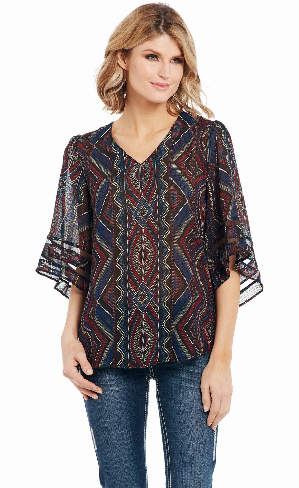 Tear Resistant Reinforcement Cowgirl Up Womens Multi-Color Polyester Geometric V-Neck Tunic S/S