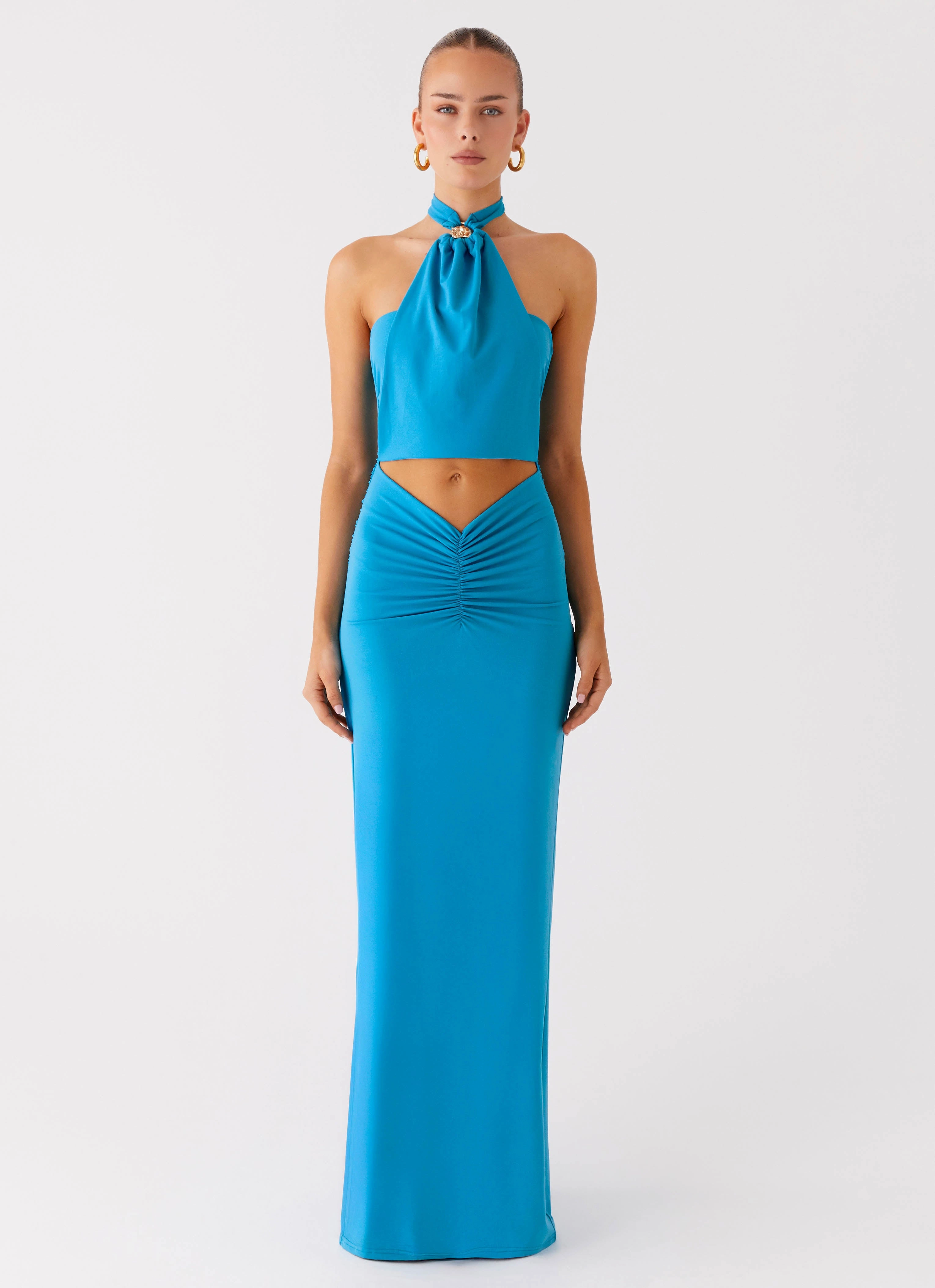Chiquita Halter Maxi Dress - Turquoise Blue Minimal Cut