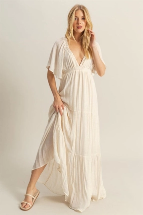 Emily V-Neck Flowy Sleeves Tiered Maxi Dress Wool-Blend Relax Mode
