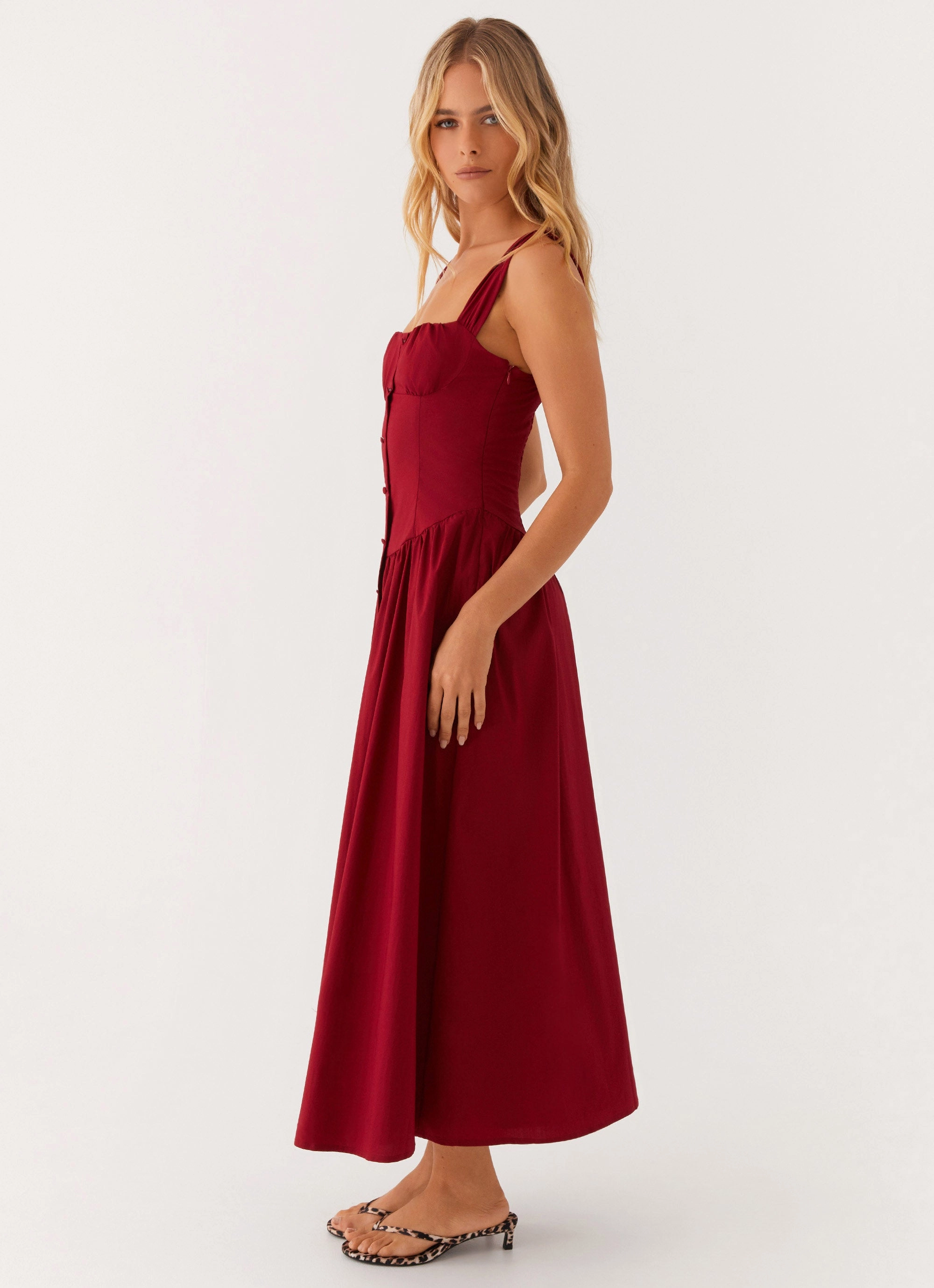 Emmalina Midi Dress - Deep Red Resort Ready Flattering Layers