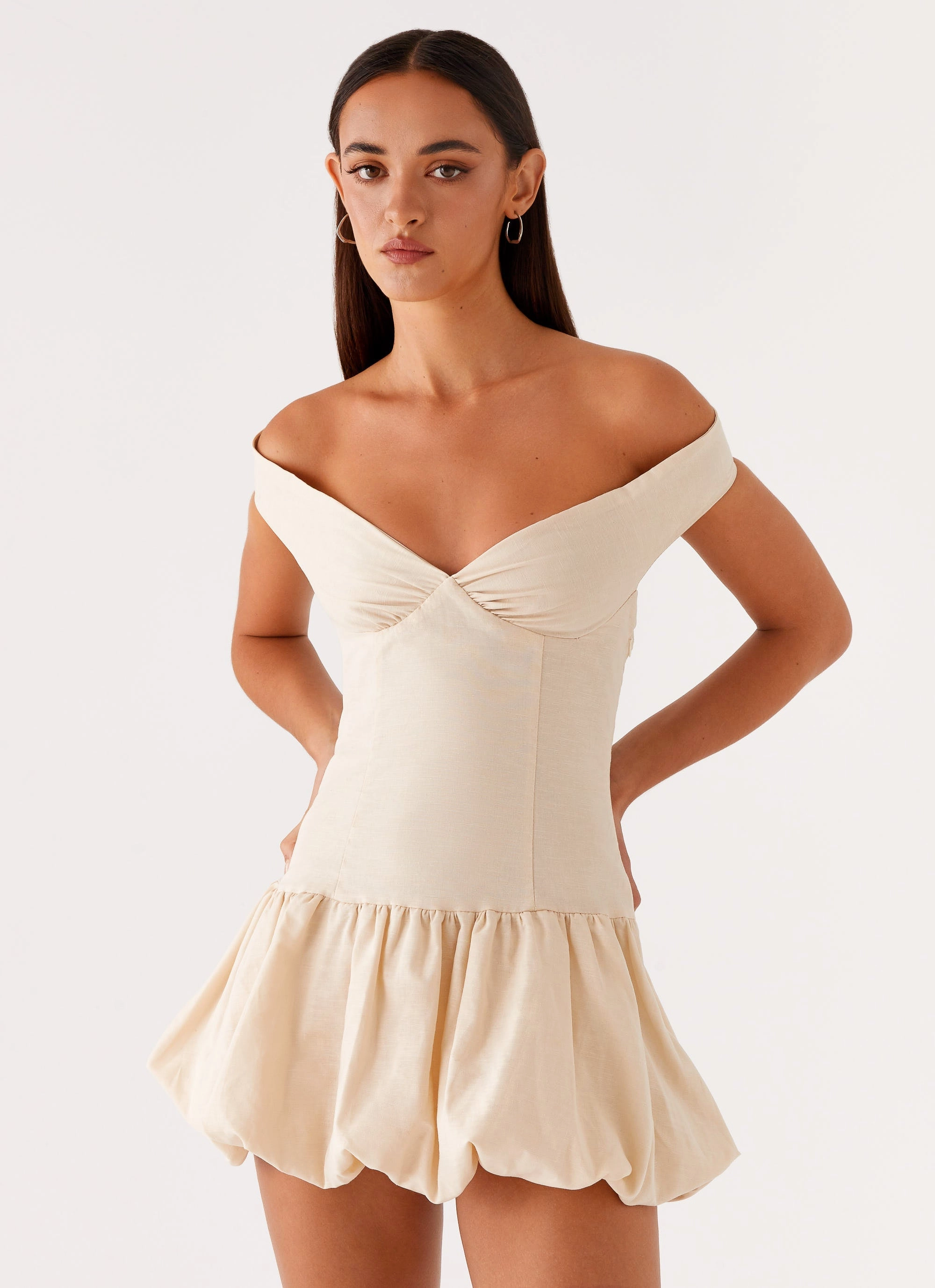 Non-Pilling BiasCutSilhouette Endless Romance Off Shoulder Mini Dress - Butter